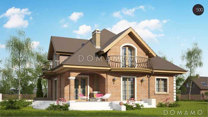 Проект одноэтажного мансардного дома из газобетона с кирпичной облицовкой с двумя балконами и барбекю на террасе 