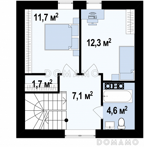 Проект небольшого мансардного дома из кирпича с панорамным остеклением дневной зоны / План мансардного этажа