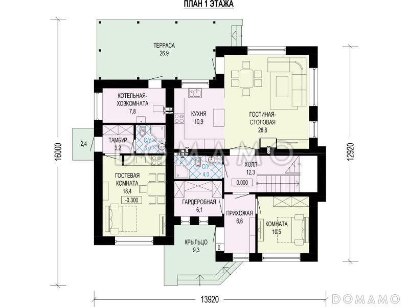 Проект двухэтажного дома с широким крыльцом, отдельным блоком для гостей, террасой / План 1 этажа