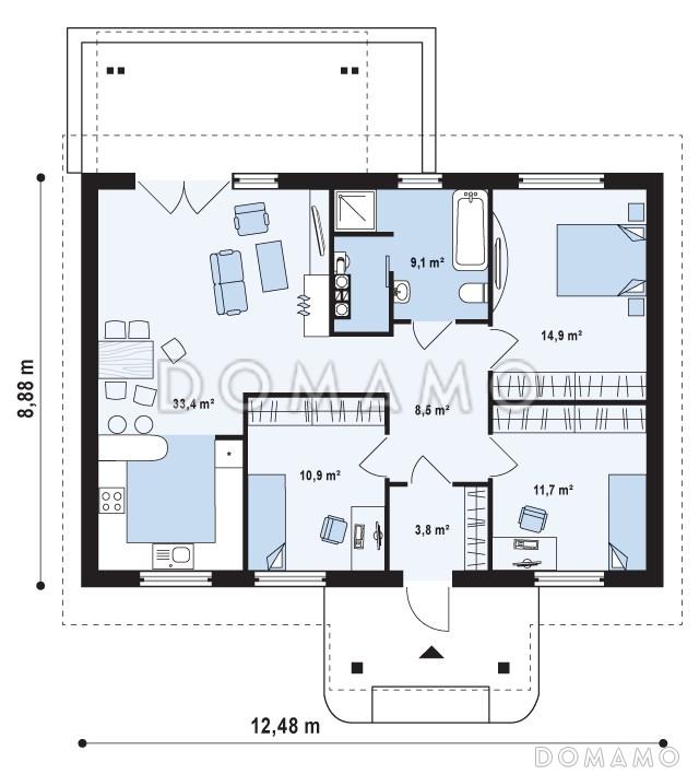 Проект одноэтажного дома из кирпича с тремя спальнями и террасой / План 1 этажа