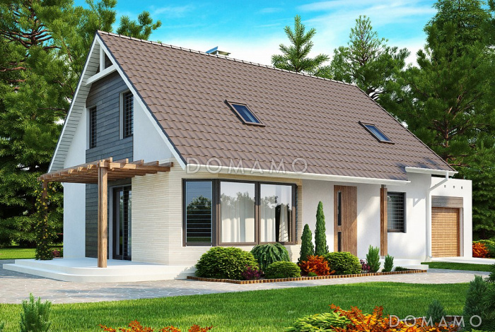 Проект одноэтажного мансардного дома из кирпича с кабинетом и гаражом