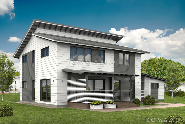 Проект каркасного дома с хозяйственной пристройкой и навесом на две машины