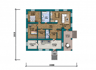 Проект одноэтажного дома с комбинированной отделкой фасадов кирпичом разных тонов, большой террасой под одной кровлей с домом и удобной планировкой для семьи с детьми / План 1 этажа