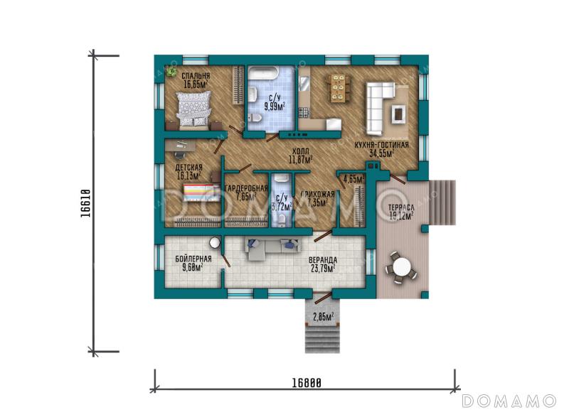 Проект одноэтажного дома с комбинированной отделкой фасадов кирпичом разных тонов, большой террасой под одной кровлей с домом и удобной планировкой для семьи с детьми / План 1 этажа