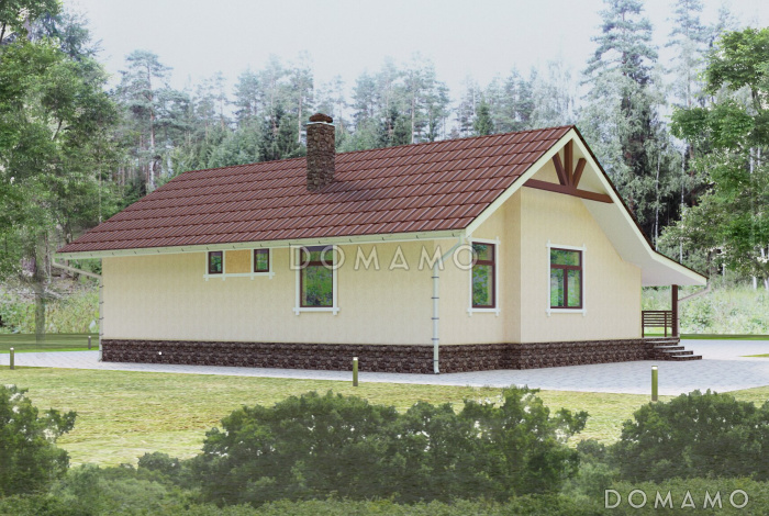 Проект одноэтажного дома с камином внутри и барбекю на террасе под крышей