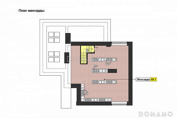 Проект кирпичного загородного дома в современном стиле с открытой террасой и гаражом  / План мансардного этажа