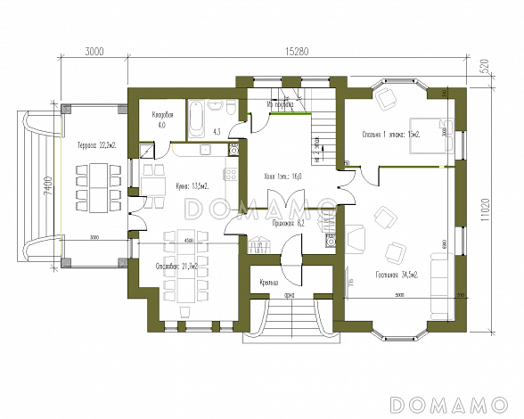 Проект особняка в стиле Тюдор по технологии ЛСТК / План 1 этажа