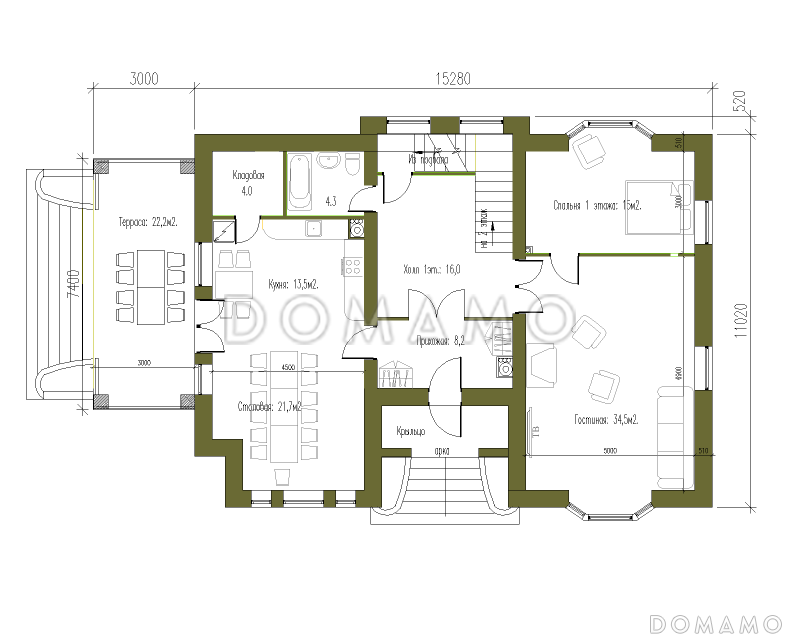 Проект особняка в стиле Тюдор по технологии ЛСТК / План 1 этажа