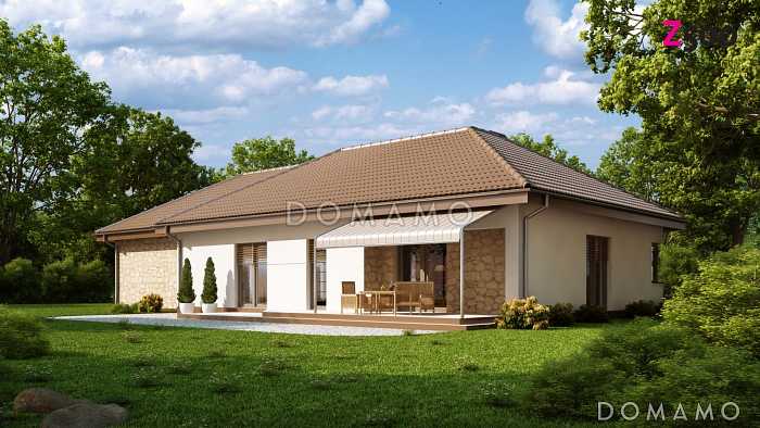 Проект одноэтажного дома из кирпича с большим встроенным гаражом на два автомобиля и мастерской