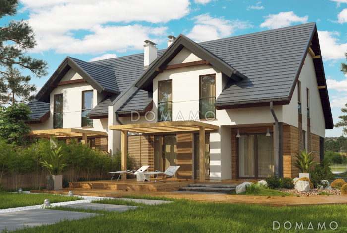 Проект мансардных домов-близнецов из газобетона с гаражом и французскими балконами