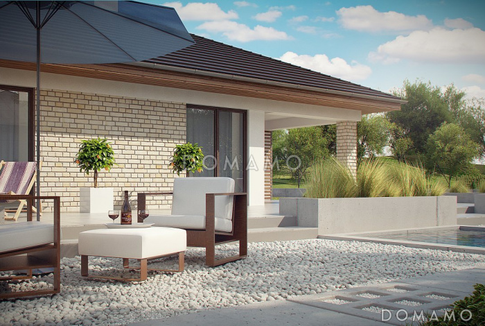 Проект одноэтажного дома с гаражом на две машины, мастер-спальней, кладовой на кухне, террасой