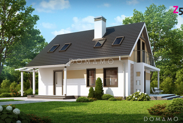 Проект одноэтажного мансардного дома из кирпича с балконом и навесом для автомобиля, с увеличенной гостиной