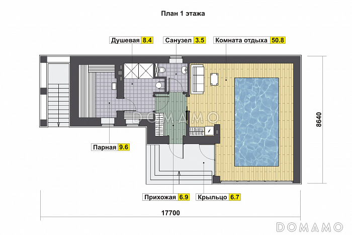 Проект бани со спортивным залом в цокольном этаже, бассейном, душевой, парной и комнатой отдыха / План 1 этажа