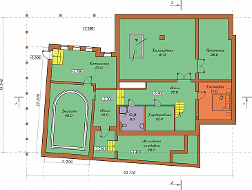 Проект двухэтажного коттеджа с мансардой, цоколем, бассейном и зимним садом / План цокольного этажа