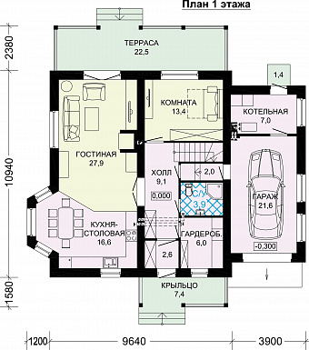 Проект дома из газобетона с спальней на первом этаже / План 1 этажа