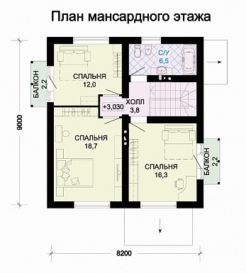 Проект дома из пеноблоков с просторной гостиной и двумя балконами / План мансардного этажа