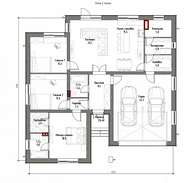 Проект одноэтажного дома с вальмовой крышей, гаражом на 2 машины, хозяйской и гостевыми спальными комнатами / План 1 этажа