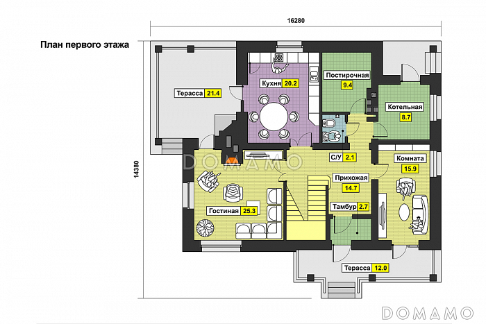 Проект оригинального загородного дома в желто-коричневой гамме / План 1 этажа