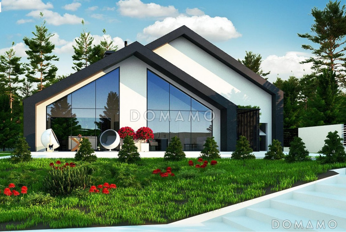 Проект современного одноэтажного мансардного дома с двухскатной крышей из кирпича с четырьмя комнатами и гаражом