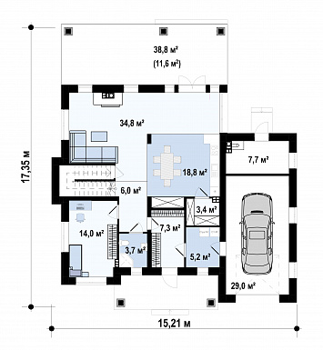 Проект  двухэтажного дома с гаражом для машины, подвалом, крытой террасой, кладовой на кухне, постирочной / План 1 этажа