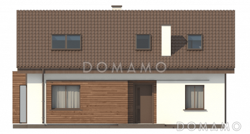 Проект классического мансардного дома из газобетона с дополнительной спальней на первом этаже, с эркером и с деревянными фасадами / Фасад 1