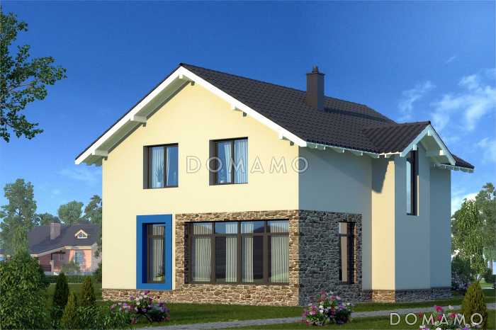 Проект лаконичного коттеджа с массивной каменной стеной крыльца