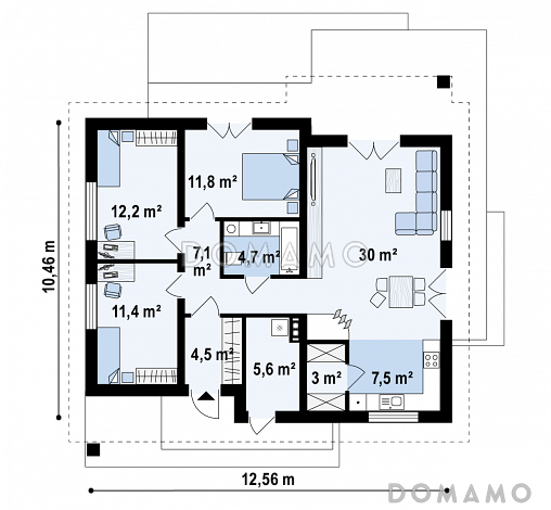Проект простого уютного одноэтажного дома из газобетона с тремя спальнями и возможностью обустройства мансарды / План 1 этажа