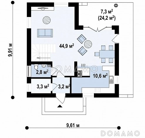 Проект загородного дома современного дизайна из газобетона с тремя спальнями / План 1 этажа
