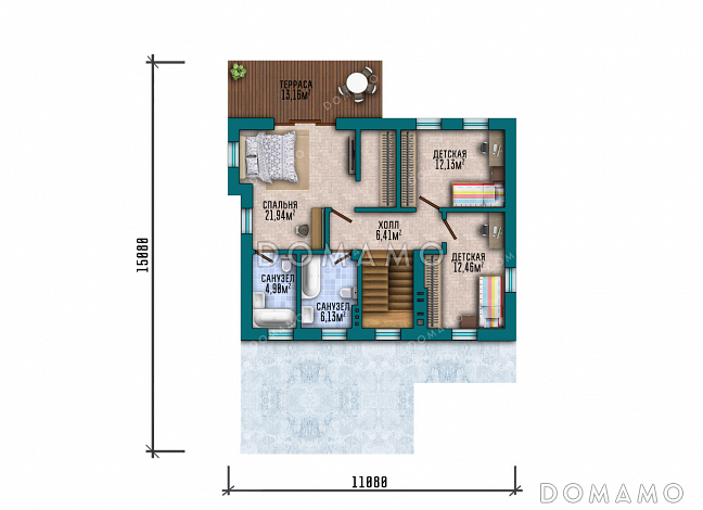 Проект двухэтажного современного дома с плоской крышей и навесом для авто / План 2 этажа