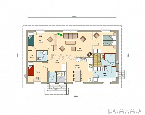 Проект одноэтажного дома с 3 спальнями / План 1 этажа