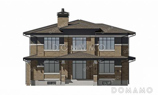 Проект большого двухэтажного дома с подвалом в стиле Райт с комбинированной отделкой и широкой кровлей / Фасад 3
