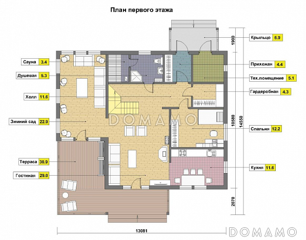 Проект дома из газобетона с сауной на первом этаже / План 1 этажа