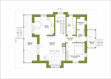 Проект коттеджа из SIP панелей с эркером и террасой. / План 1 этажа