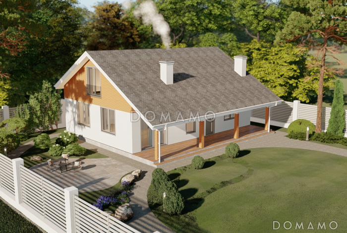 Проект одноэтажного дома с мансардой и просторной крытой террасой