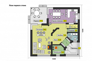 Проект квадратного загородного дома с большой гостиной, кухней-столовой, двумя террасам, комнатой с видовым окном / План 1 этажа