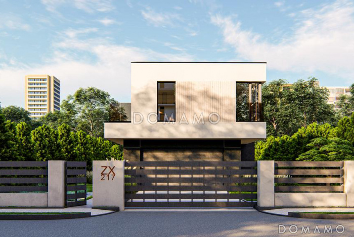 Проект двухэтажного дома с гаражом на 2 машины, угловой кухней, кабинетом, хозяйской спальней