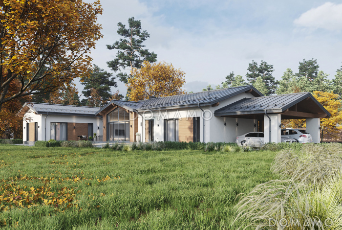 Проект одноэтажного дома из газобетона с навесом для двух автомобилей, 4 спальнями, сауной и верандой с барбекю