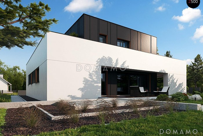 Проект современного двухэтажного дома из кирпича с подземным гаражом и террасой на втором этаже по периметру дома