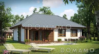 Проект одноэтажного дома адаптированного для каркасного строительства с тремя спальнями и крытой террасой