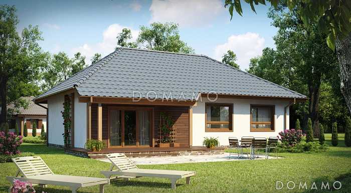 Проект одноэтажного дома адаптированного для каркасного строительства с тремя спальнями и крытой террасой