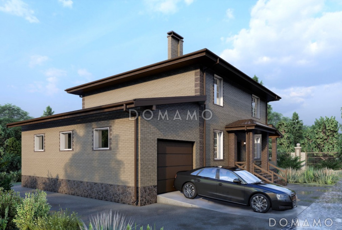 Проект двухэтажного дома из газобетона с пристроенным гаражом и верандой