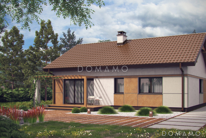 Проект компактного одноэтажного дома из кирпича с двумя спальнями, техническим помещением и изолированной кухней