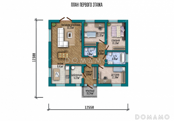 Проект одноэтажного дома с окнами в пол, тремя спальнями и выходом из гостиной в сад / План 1 этажа