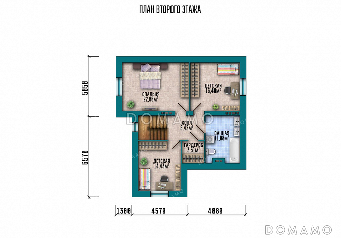 Проект дома с 4 спальнями, просторной ванной и полукруглой верандой / План мансардного этажа