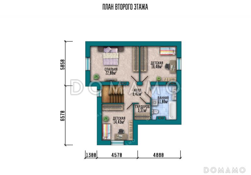 Проект дома с 4 спальнями, просторной ванной и полукруглой верандой / План мансардного этажа