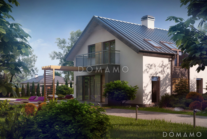 Проект одноэтажного мансардного дома из газобетона с эркером, тремя  балконами и вертикальным мансардным окном