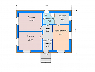 Проект небольшого одноэтажного дома с двумя спальнями, кладовой в кухне-гостиной / План 1 этажа