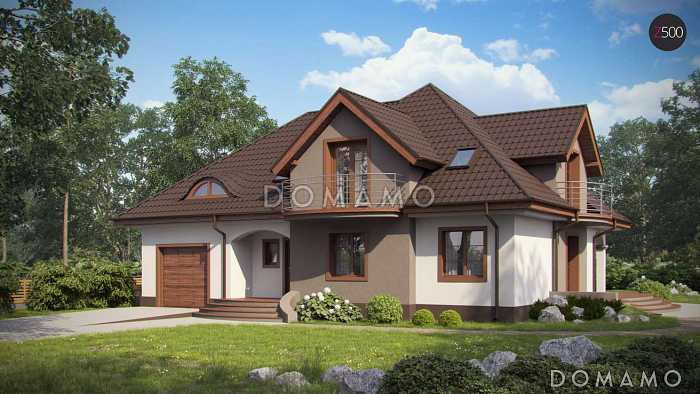 Проект одноэтажного мансардного дома из кирпича с двумя балконами, барбекю на террасе и гаражом