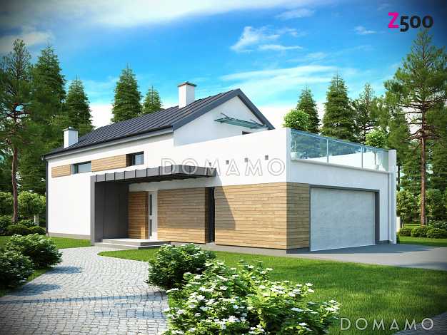 Проект двухэтажного дома из газобетона с двухскатной крышей с четырьмя комнатами, гаражом и открытой террасой над ним