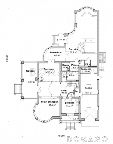 Проект коттеджа с бассейном, зимним садом и гаражом на 2 а/м,  / План 1 этажа